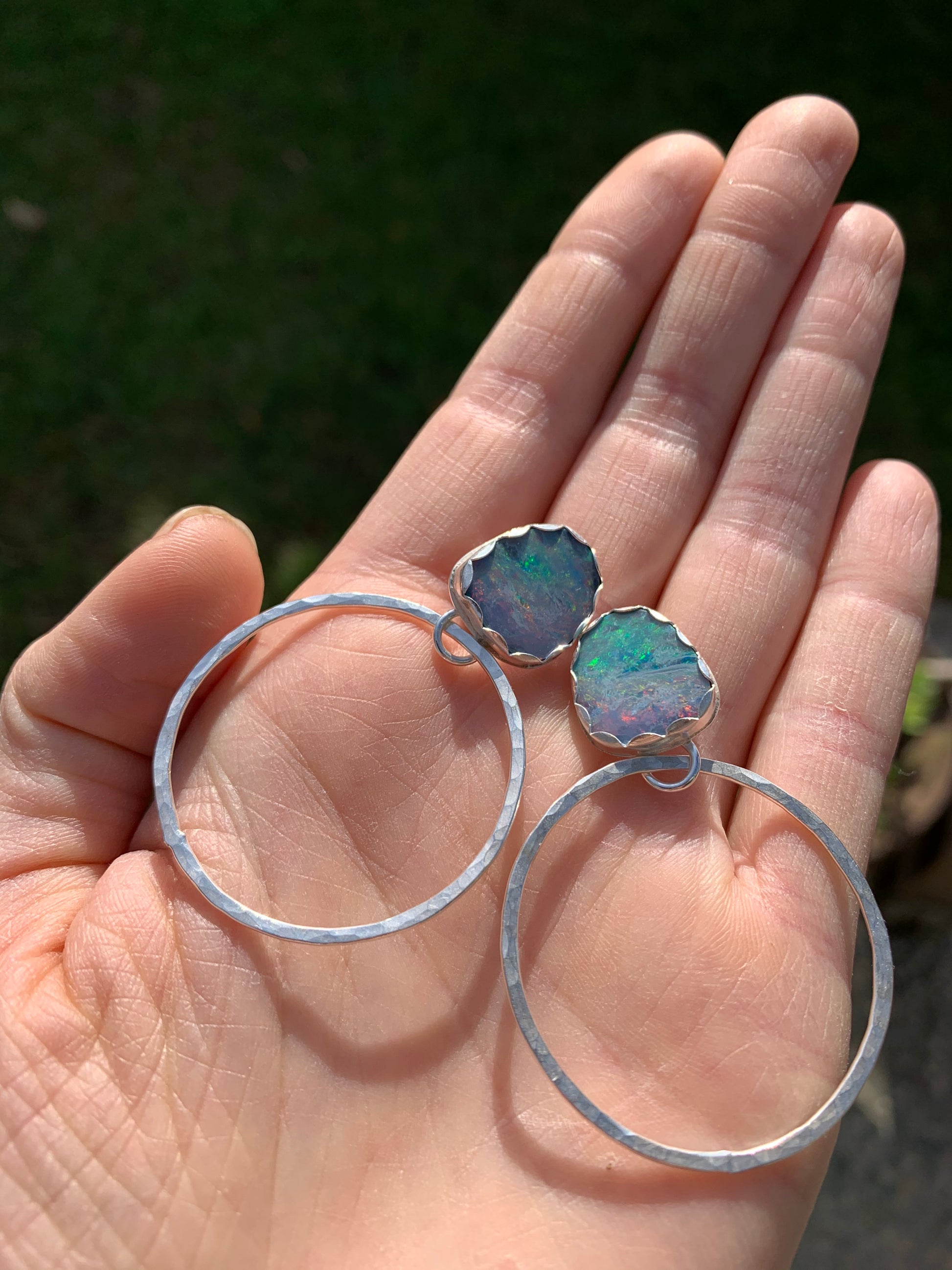 Gorgeous, colorful Australian Opal doublets are set in fine silver on handmade posts. Sterling silver hoops hang below. These earrings are one of a kind!